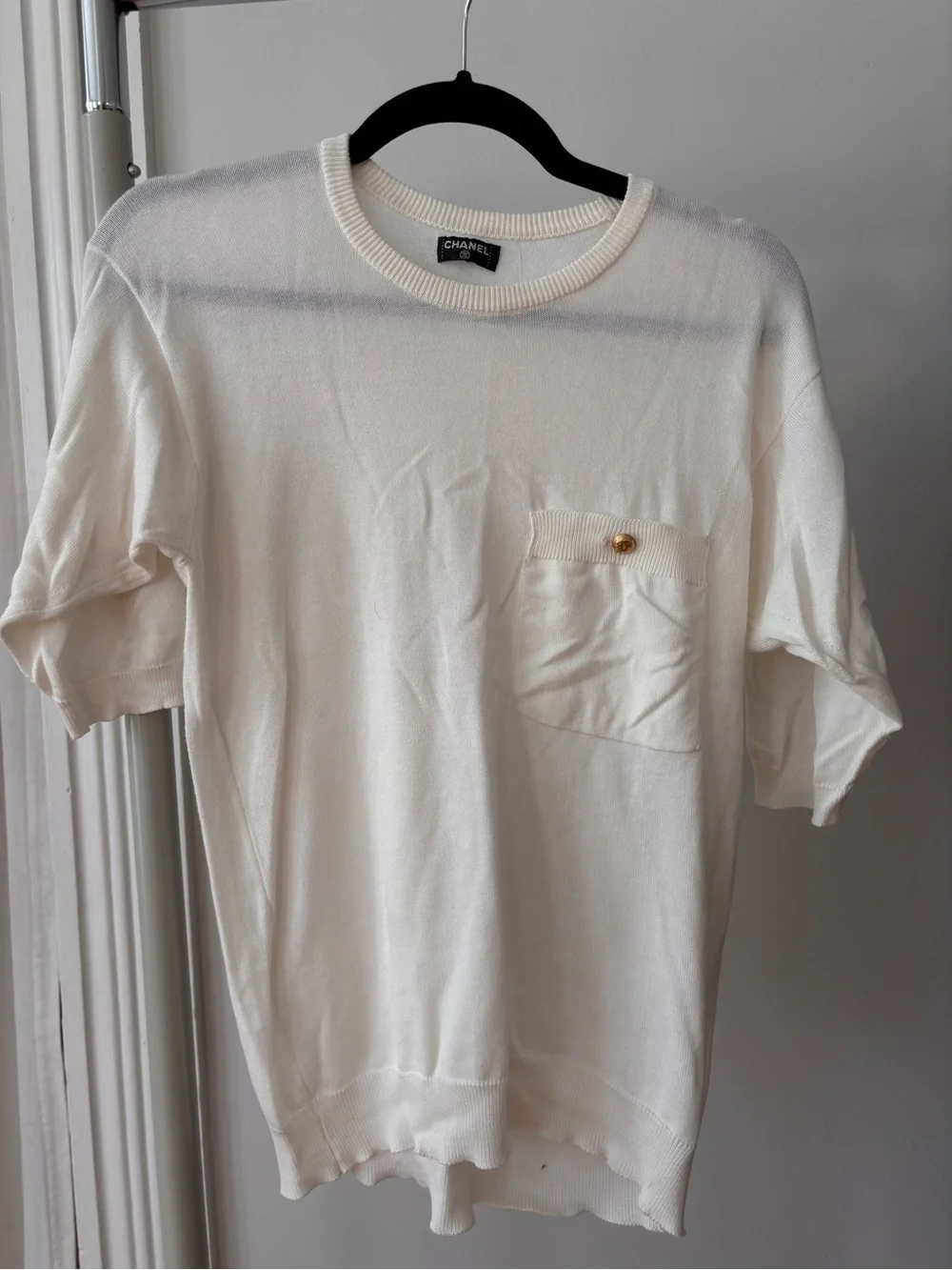CHANEL Ivory Short-Sleeve Knit Top with Pocket Accent vintage